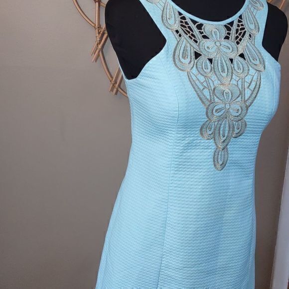 Lilly Pulitzer Gold Metallic Lace Breakwater Blue Jacquard Largo Shift Dres Sz 2 - Picture 6 of 14